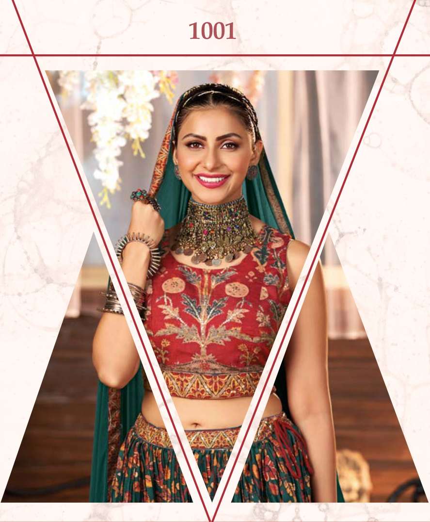 S3 Forever-Dholida-Floral Printe Manipuri Silk Crop Top With Hand Embroidery Work Umbrella Gher Silk Skirt AND Chiffon Dupatta Dupatta-1001-C